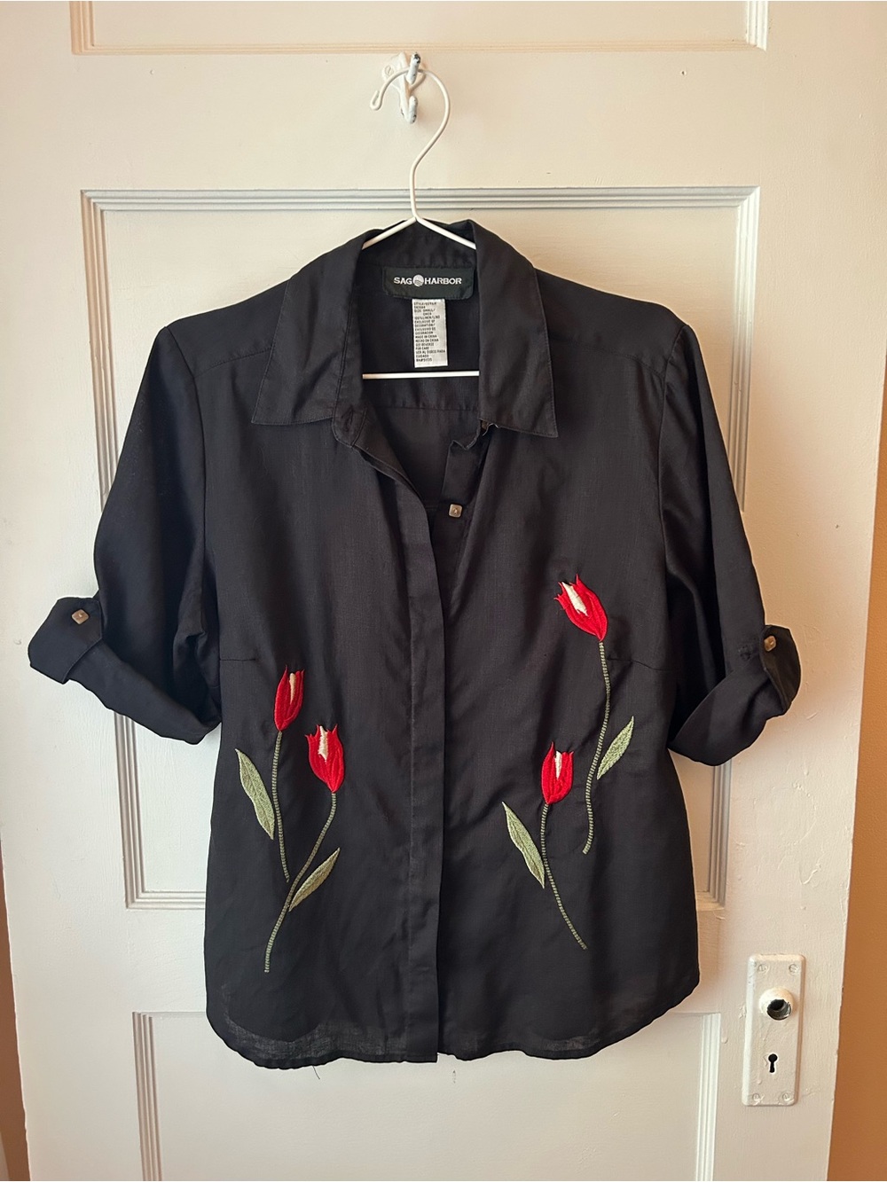 Vintage Sag Harbor Linen Floral Embroidered Shirt